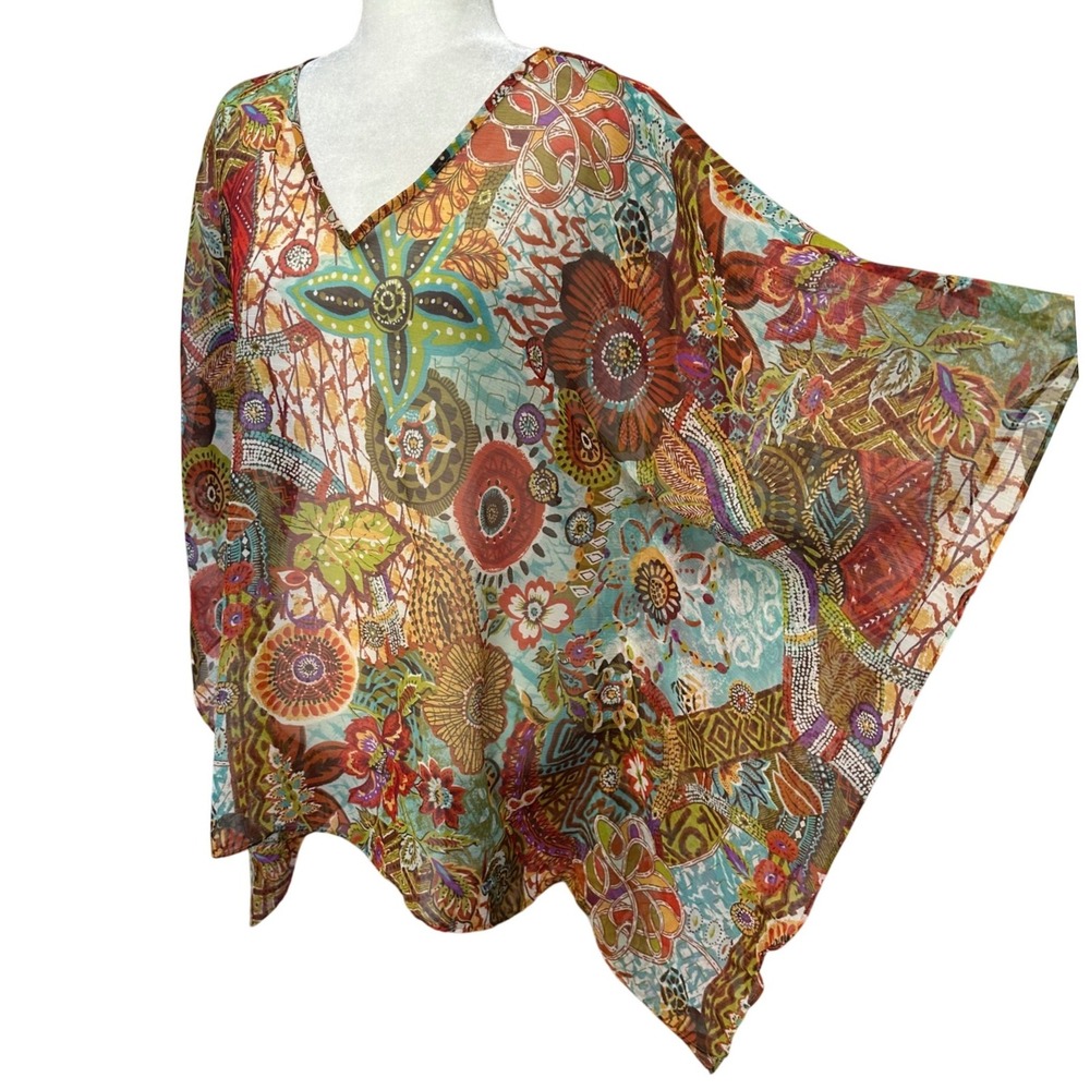 Susan Graver Womens Sz M Sheer Kaftan Top Kimono Abstract Floral Boho Resortwear